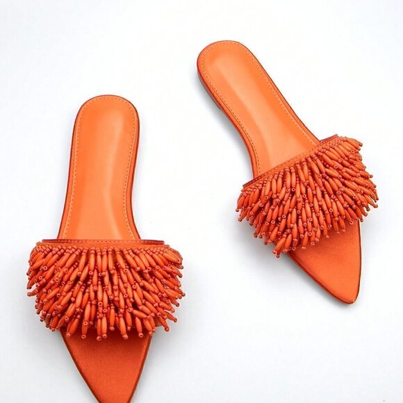 Orange Funky Women's Bead Embroidery Decorated Fabric Flat Comfortable Sandals - Picture 3 of 4